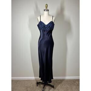 Vintage 90s Y2K Blue Sequin Satin Maxi Dress 11 12 Slinky Evening Formal‎ Vamp